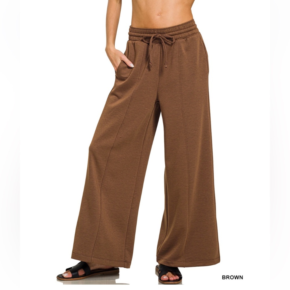 Zenana Outfitters Soft Scuba Chocolate Brown Hoodie & Wide Leg Joggers SET - Picture 2 of 5